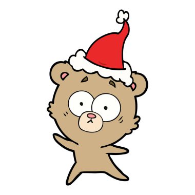 endişeli ayı çizilen çizgi çizme giyen Noel Baba şapkası, el