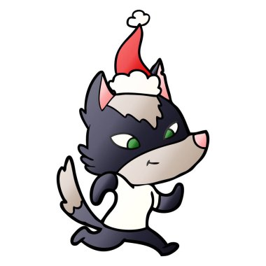 Noel Baba şapkası giyen bir kurt degrade çizgi film dostu el çekilmiş