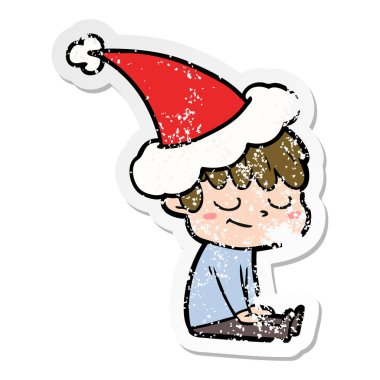 sıkıntılı etiket karikatür mutlu bir çocuk Noel Baba şapkası giyen el çekilmiş
