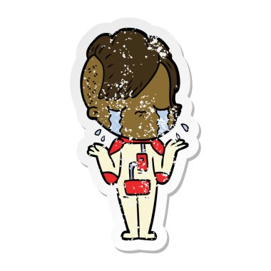 Kız giyiyor alan ağlıyor bir karikatür sıkıntılı etiket giydirin