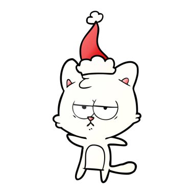 Noel Baba şapkası giyen bir kedi degrade karikatür sıkılmış el çekilmiş