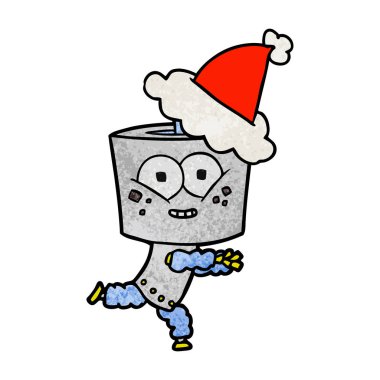 Noel Baba şapkası giyen bir robot mutlu dokulu çizgi film