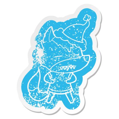 Noel Baba şapkası giyen diş gösterilen kurt ilginç karikatür sıkıntılı etiket