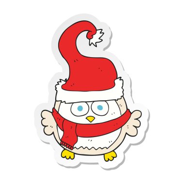 etiket Noel şapka giymiş bir karikatür baykuş