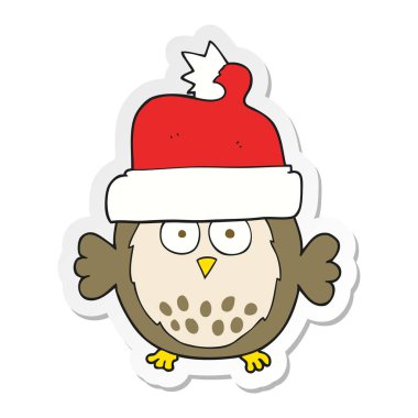 etiket Noel şapka giymiş bir karikatür baykuş