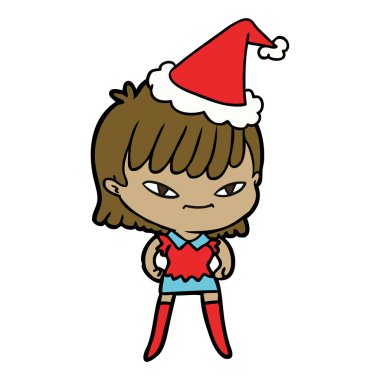 çizim için Noel Baba şapkası giyen bir kadın el çekilmiş