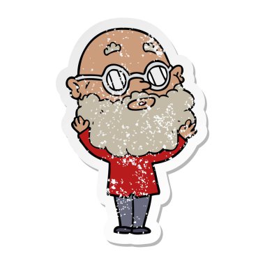 Sakal ve gözlük ile bir çizgi film meraklı insanın sıkıntılı etiket