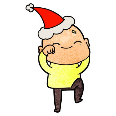 Noel Baba şapkası giyen kel bir adamın dokulu karikatür mutlu el çekilmiş