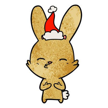 meraklı bunny el giyen Noel Baba şapkası, dokulu çizgi film çekilmiş