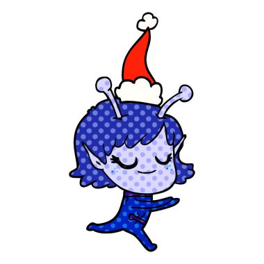 gülümseyen uzaylı kız elle çizilmiş çizgi roman tarzı çizimi çalışan giyen Noel Baba şapkası