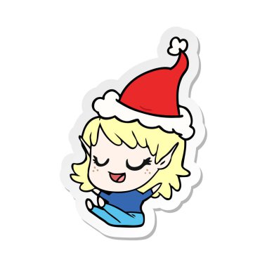 mutlu el giyen Noel Baba şapkası oturan bir elf kızı etiket karikatür çekilmiş