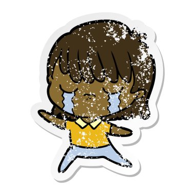 ağlayan bir karikatür kadının sıkıntılı etiket