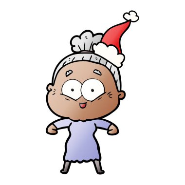 Noel Baba şapkası giyen bir mutlu yaşlı kadının degrade çizgi film el çekilmiş