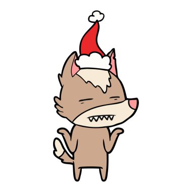 çizim için Noel Baba şapkası giyen diş gösterilen kurt el çekilmiş