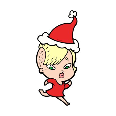 çizim için Noel Baba şapkası giyen bir sürpriz kızın el çekilmiş