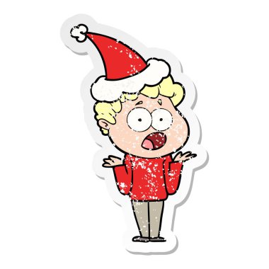 sıkıntılı etiket karikatür Noel Baba şapkası giyen sürpriz içinde nefes nefese bir adamın el çekilmiş