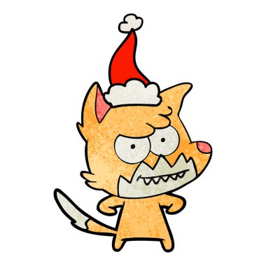 Noel Baba şapkası giyen bir sırıtış Fox dokulu çizgi film el çekilmiş