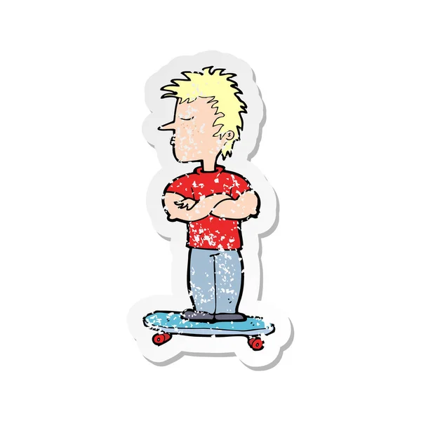 Retro Distressed Sticker Cartoon Arrogant Boy Skateboard — Stock Vector