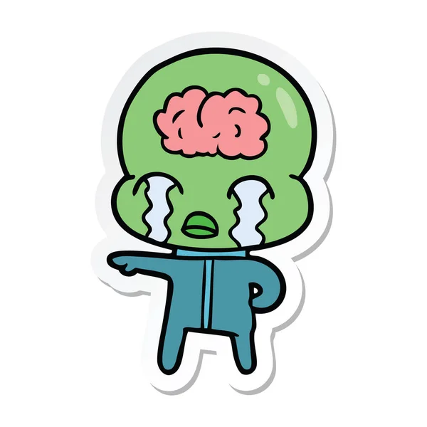 Sticker Cartoon Big Brain Alien Crying — Stock Vector