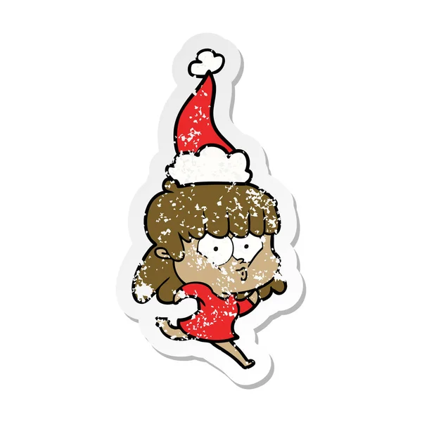 산타 모자를 쓰고 휘파람 여자의 고민된 스티커 만화 — 스톡 벡터