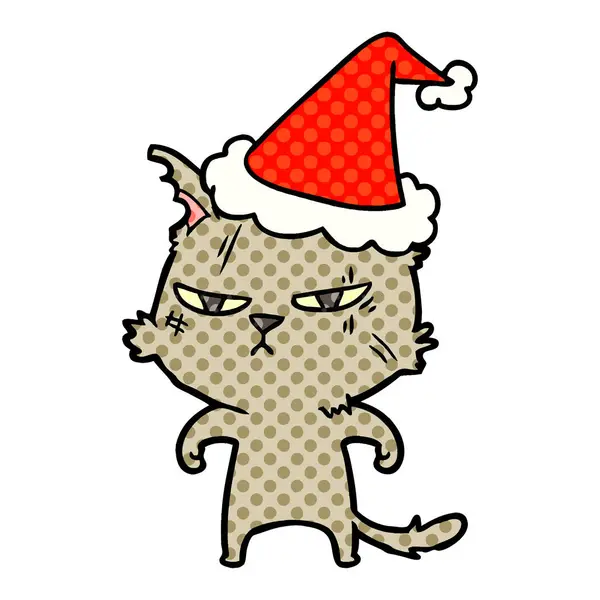强硬的漫画书风格的插图猫戴圣诞老人的帽子 — 图库矢量图片