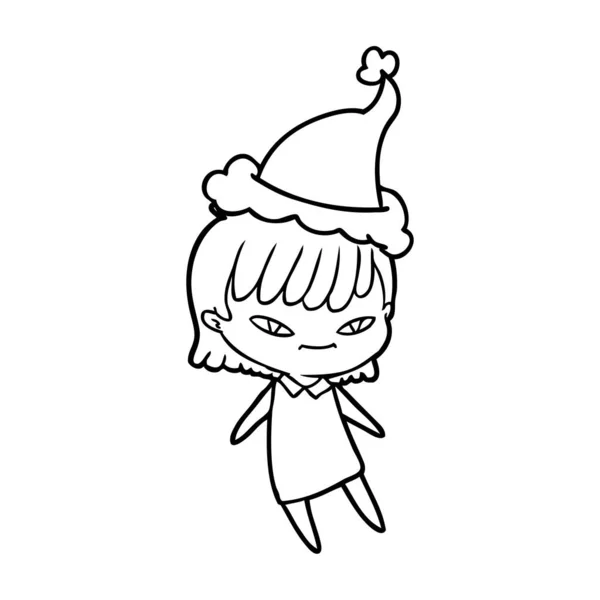 Linha de desenho de uma mulher usando chapéu de santa —  Vetores de Stock