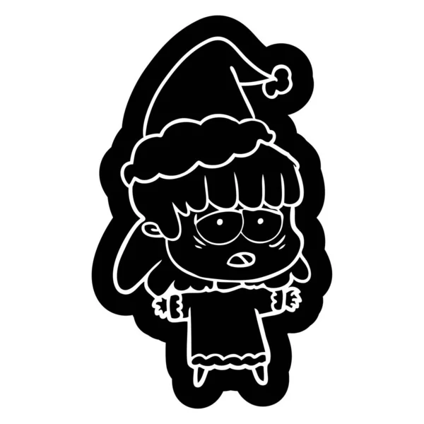 一个穿着圣诞老人帽的疲惫的女人的古怪卡通图标 — 图库矢量图片
