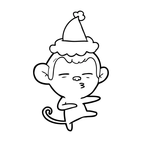 Line drawing of a suspicious monkey wearing santa hat — Stock Vector