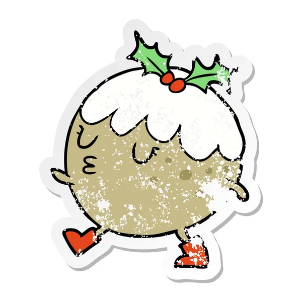 Distressed sticker of a cartoon chrstmas pudding walking — Stock Vector