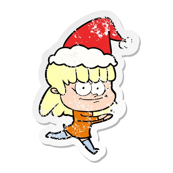 Autocollant en détresse dessin animé d'une femme souriante portant un chapeau de Père Noël — Image vectorielle