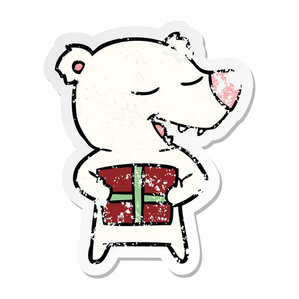 Aufkleber Eines Zeichentrick Eisbären Mit Geschenk — Stockvektor