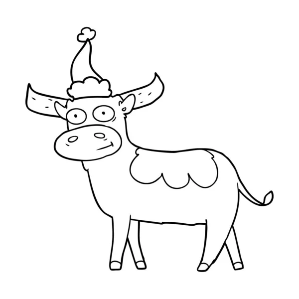 Dibujo Línea Dibujado Mano Toro Con Sombrero Santa — Vector de stock