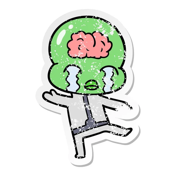 Distressed Sticker Cartoon Big Brain Alien Crying — Stock Vector