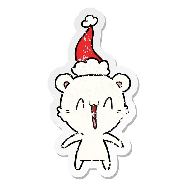 Glücklich Eisbär verzweifelt Aufkleber Karikatur eines tragenden Weihnachtsmann h — Stockvektor