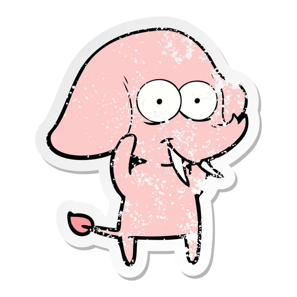 Verontruste sticker van een happy cartoon-olifant — Stockvector