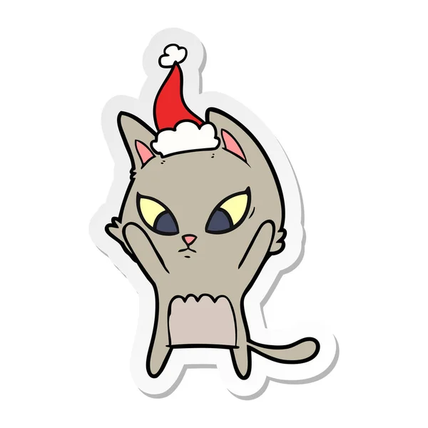 Verwirrte Handgezeichnete Aufkleber Karikatur Einer Katze Mit Weihnachtsmütze — Stockvektor