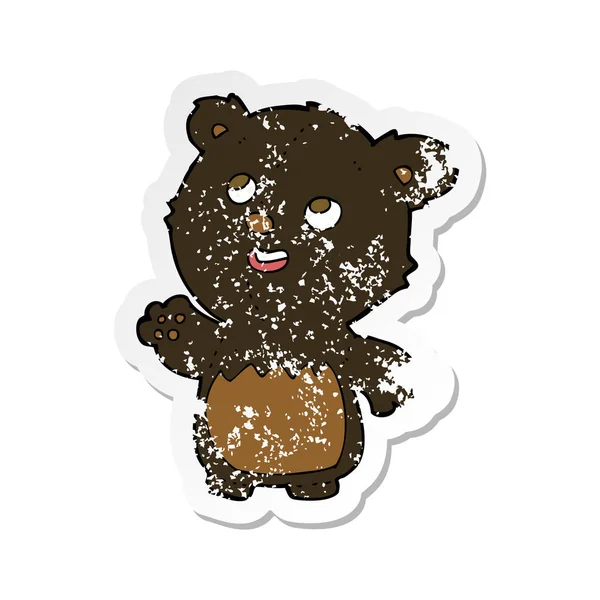 Retro angosciato adesivo di un cartone animato felice piccolo orsacchiotto nero b — Vettoriale Stock