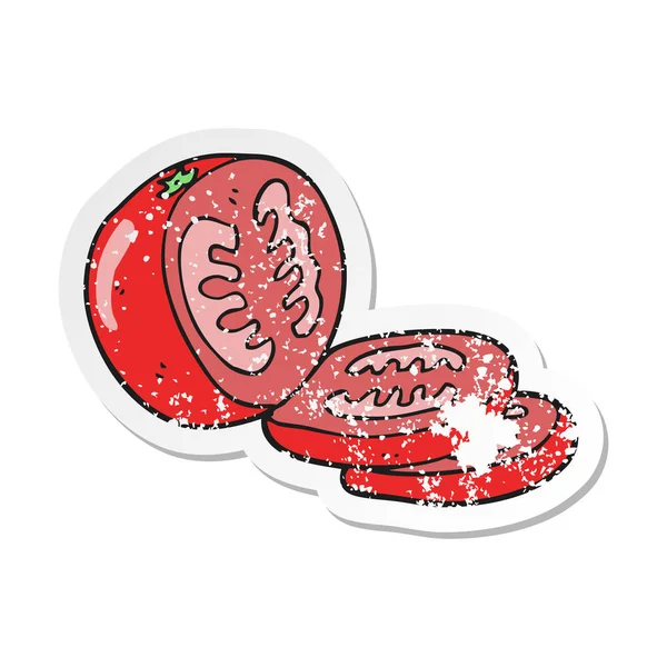 Pegatina retro angustiado de un tomate en rodajas de dibujos animados — Vector de stock