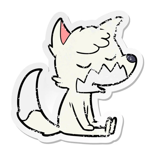 Distressed Sticker Friendly Cartoon Sitting Fox — Stock Vector