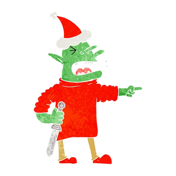 Hand Drawn Retro Cartoon Goblin Knife Wearing Santa Hat — Stock Vector