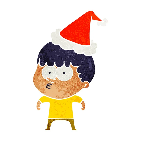 Hand Drawn Retro Cartoon Curious Boy Wearing Santa Hat — Stock Vector
