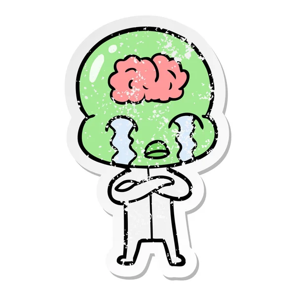 Adesivo Angosciato Cartone Animato Grande Cervello Alieno Piangendo — Vettoriale Stock