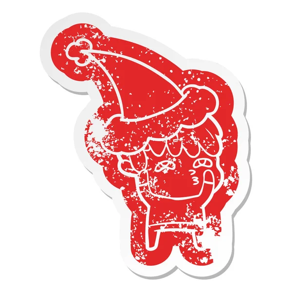 Noodlijdende Sticker Eigenzinnige Cartoon Van Een Nieuwsgierig Mens Dragen Kerstmuts — Stockvector