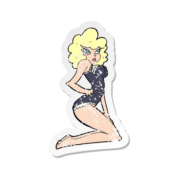 Retro Noodlijdende Sticker Van Een Cartoon Pin Vrouw — Stockvector