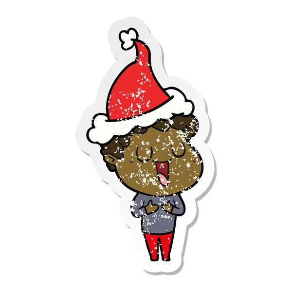 Laughing Hand Drawn Distressed Sticker Cartoon Man Wearing Santa Hat — Stock Vector