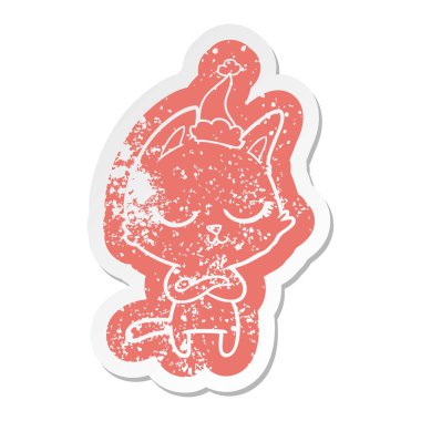 Noel Baba şapkası giyen bir kedinin ilginç karikatür sıkıntılı etiket sakin