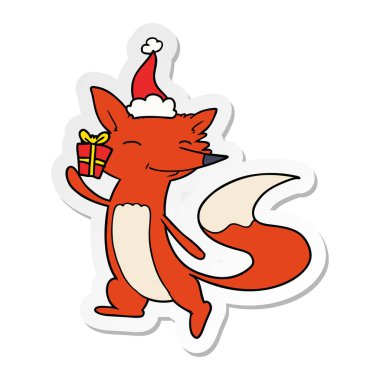 etiket karikatür Noel Baba şapkası giyen bir mutlu Fox el çekilmiş