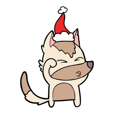 çizilmiş çizim Noel Baba şapkası giyen somurtarak bir kurt, el