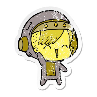 sallayarak bir karikatür mutlu astronot kızın sıkıntılı etiket