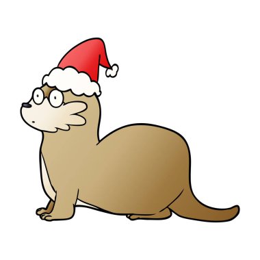 Noel Baba şapkası giyen bir su samuru, degrade çizgi film el çekilmiş